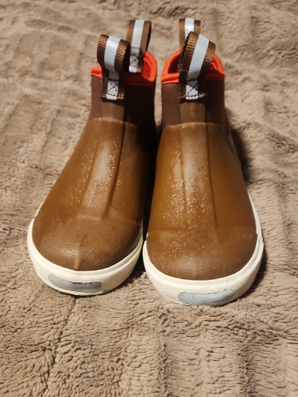 Brown Slip-On Rain Boots with Orange Trim